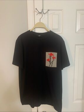 Express Black Short Sleeve Tee with Red Floral Pocket Graphic